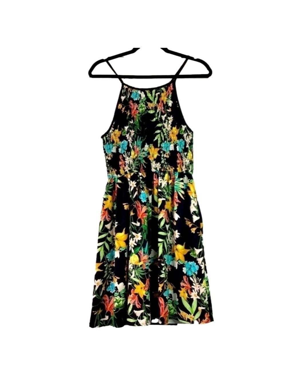 XHILARATION SIZE M BLACK TROPICAL MULTICOLOR SLEEVELESS FLORAL SUMMER DRESS GUC - Picture 1 of 10